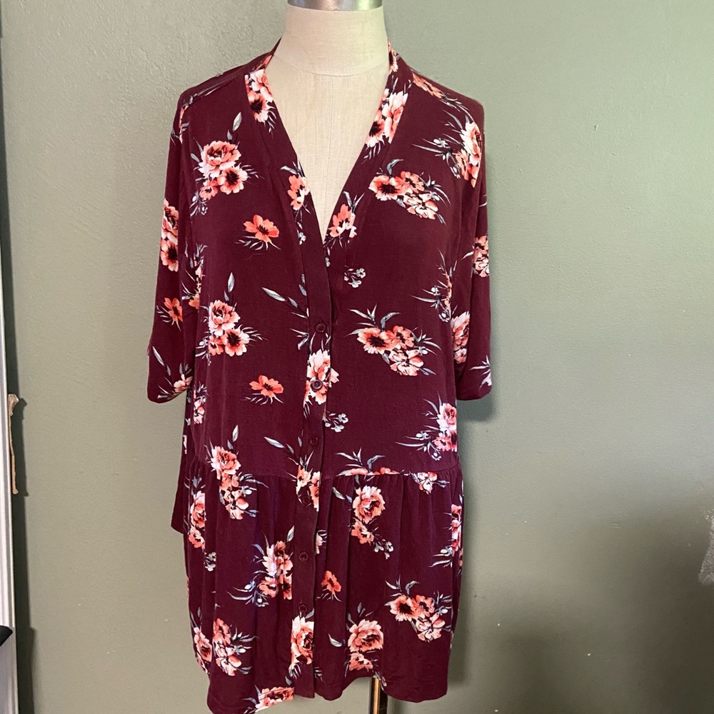 Burgundy Flowered Baby Doll Type Shirt - SZ: 1X